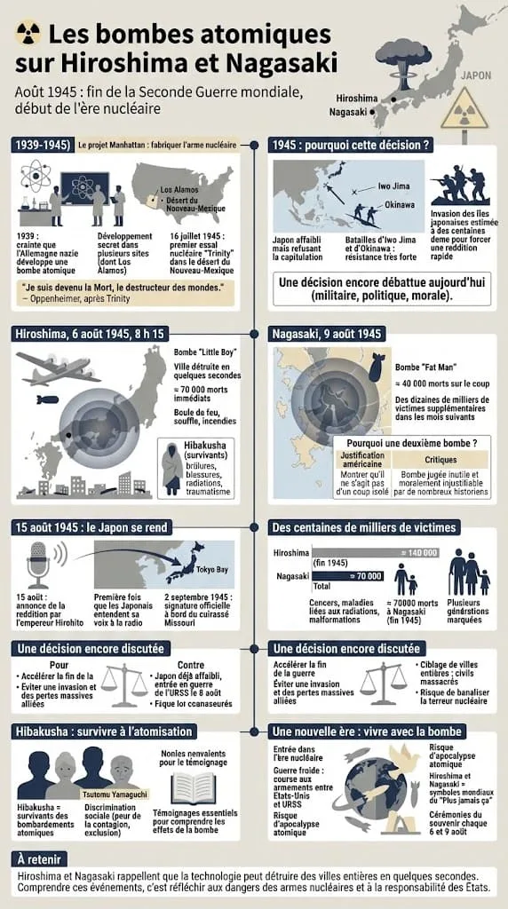 Infographie sur les bombardements atomiques dâaoĂ»t 1945, le projet Manhattan, les victimes civiles et la capitulation du Japon.