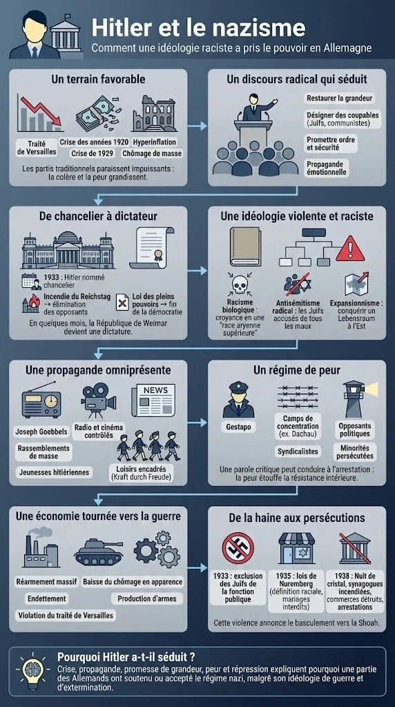 SchĂ©ma expliquant lâarrivĂ©e dâHitler au pouvoir, lâidĂ©ologie raciste du nazisme, lâantisĂ©mitisme dâĂtat et lâembrigadement de la sociĂ©tĂ© allemande.