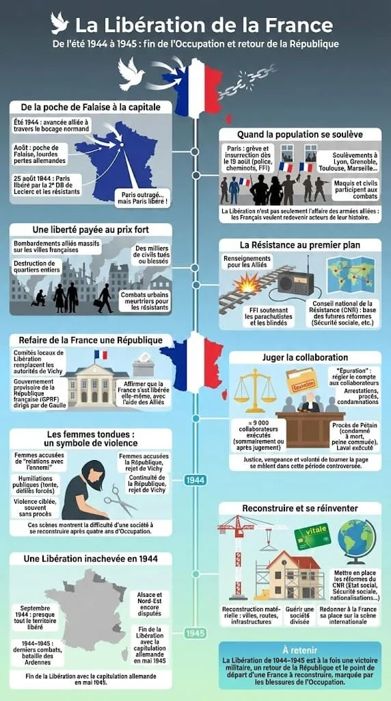 Infographie sur la libération du territoire français, le rÎle des FFI, le retour de la République (GPRF) et le droit de vote des femmes.