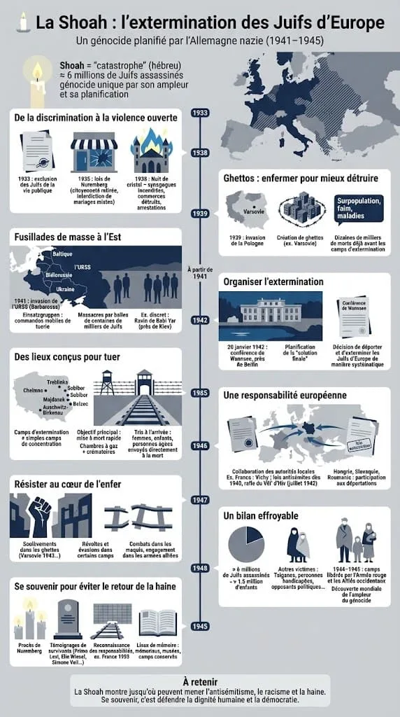 Infographie mĂ©morielle expliquant les Ă©tapes de la Shoah : discrimination, ghettos, fusillades par Einsatzgruppen et camps dâextermination.