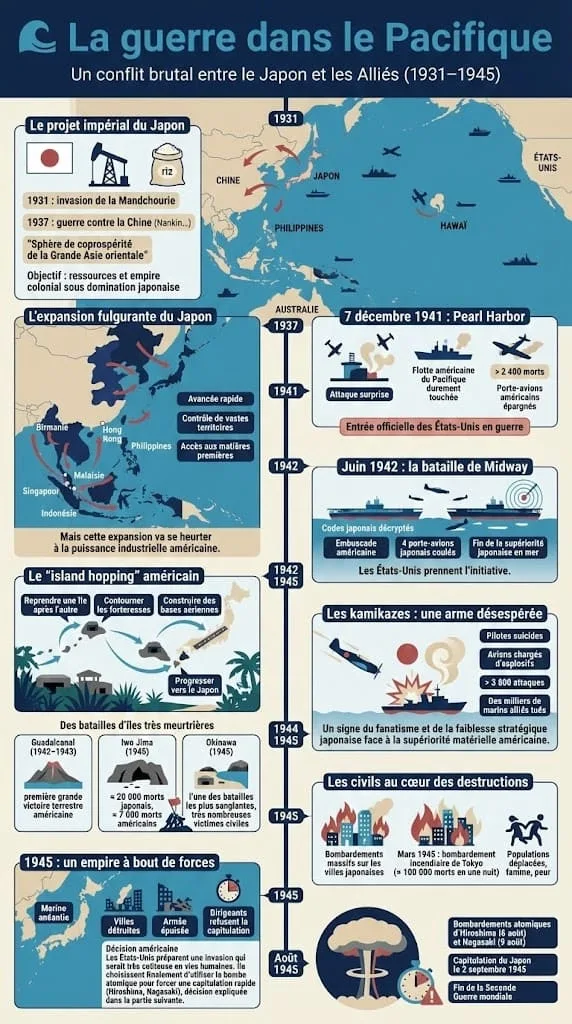 Carte du théùtre Pacifique montrant lâexpansion japonaise, lâattaque de Pearl Harbor et la reconquĂȘte amĂ©ricaine Ăźle par Ăźle.