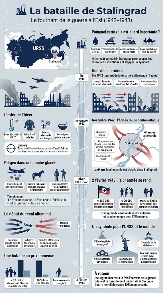 Carte et explication de la bataille de Stalingrad : combats urbains, encerclement de la VIe armée allemande et premiÚre grande défaite nazie.