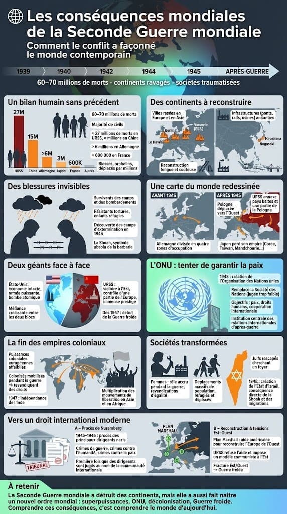 Infographie détaillant le bilan de la guerre : 60 millions de morts, villes détruites, traumatismes moraux et redécoupage des frontiÚres.