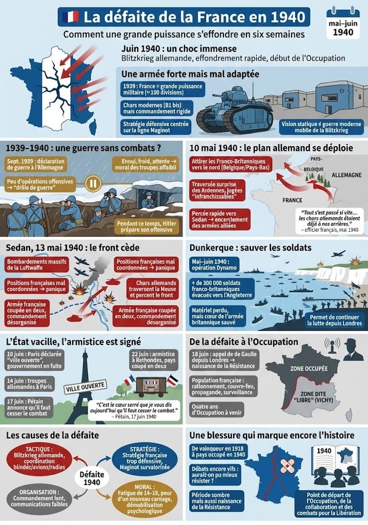 Infographie expliquant la débùcle de 1940 : comparaison des armées, percée allemande à Sedan, évacuation de Dunkerque, armistice et carte de la France divisée.