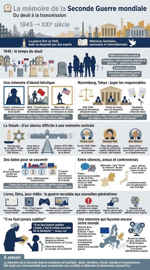 Infographie sur lâĂ©volution de la mĂ©moire : mythe rĂ©sistant, reconnaissance de la Shoah, procĂšs de Nuremberg et devoir de mĂ©moire.