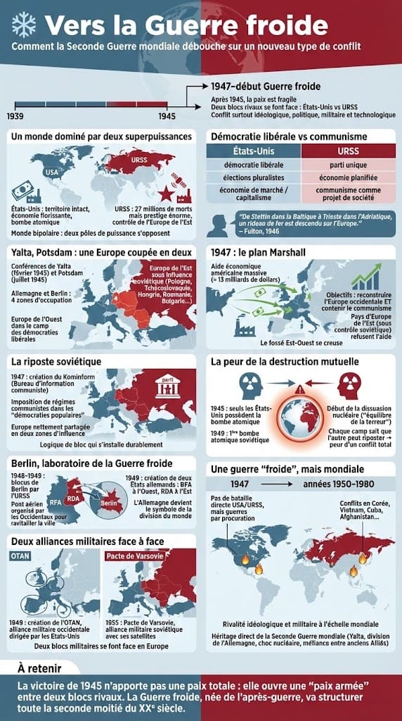 Carte dâun monde bipolaire : bloc de lâOuest (USA/OTAN) contre bloc de lâEst (URSS/Pacte de Varsovie), rideau de fer et doctrine Truman.